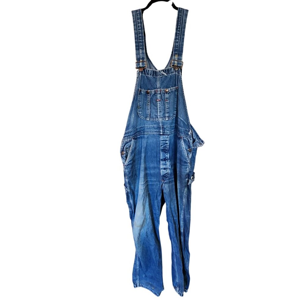 Vintage Distressed Blue Denim Overalls Workwear Carpenter Style 40 x 30